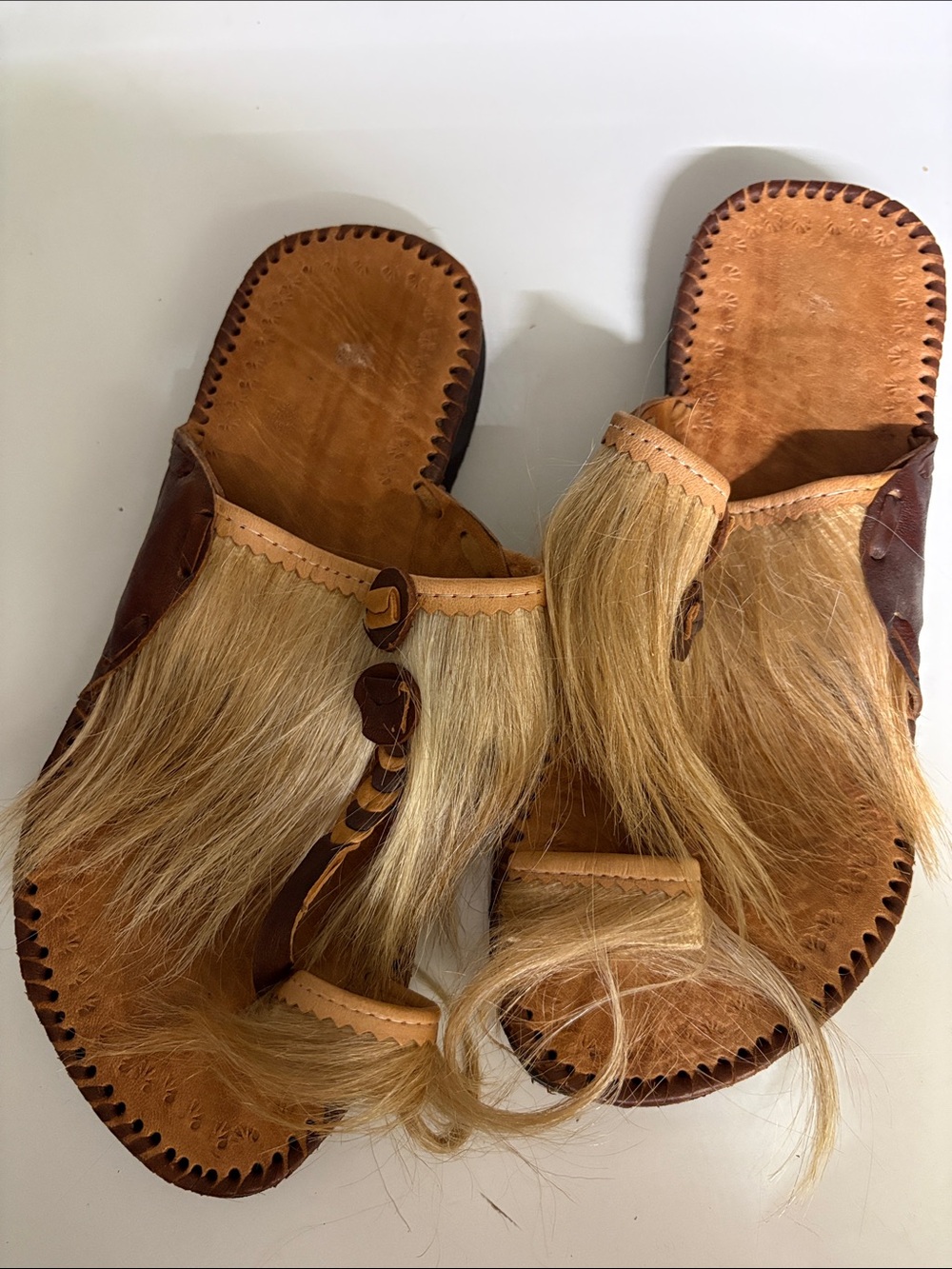 Hand Crafted Honey Tan Leather Hair-On Slide Sandals with Braided Accent